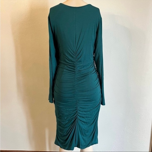 Sundance Reflection Dress Ruched Ruffle Midi Dress Teal Green Bodycon Size Small - Picture 2 of 8